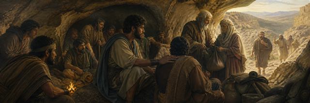 David among distressed followers and his aging parents inside Adullam’s cave